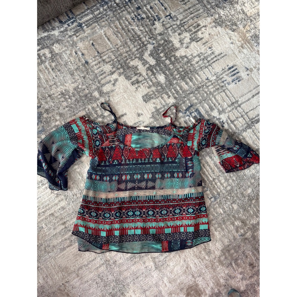 Nabee Cold Shoulder Top Medium Teal Burgundy Tribal Geometric Boho Blouse